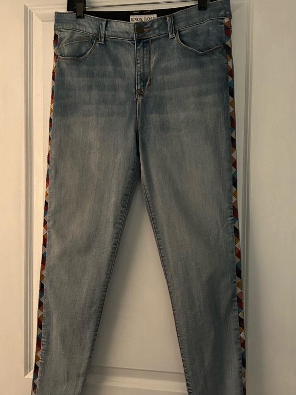 Knox Rose Light Blue Skinny Jeans with Multicolor Geometric Side Trim